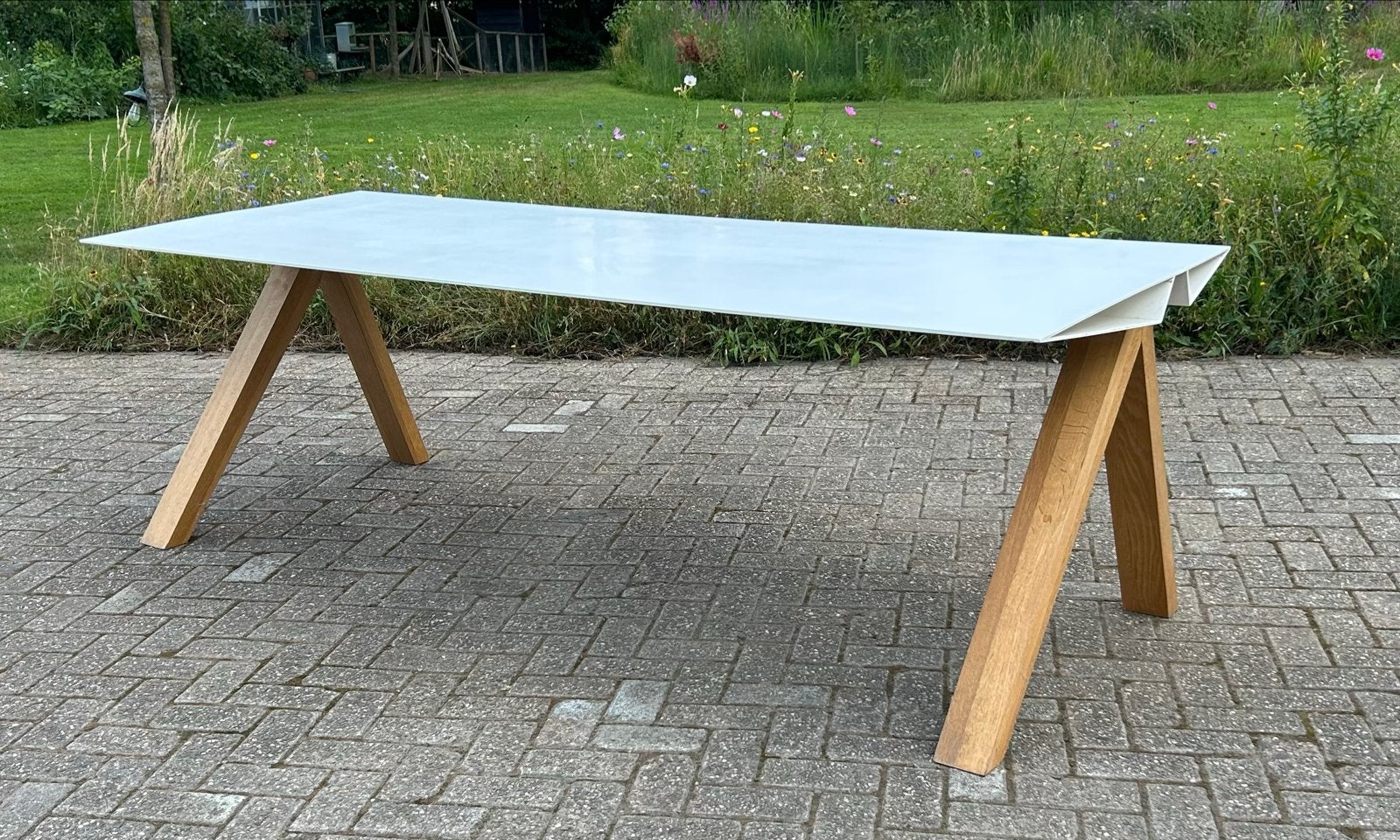 Uniek !! Design Bureau Tangle One - Wit met Eiken Poten, Ophalen, 295 cm, Gebruikt, Hout