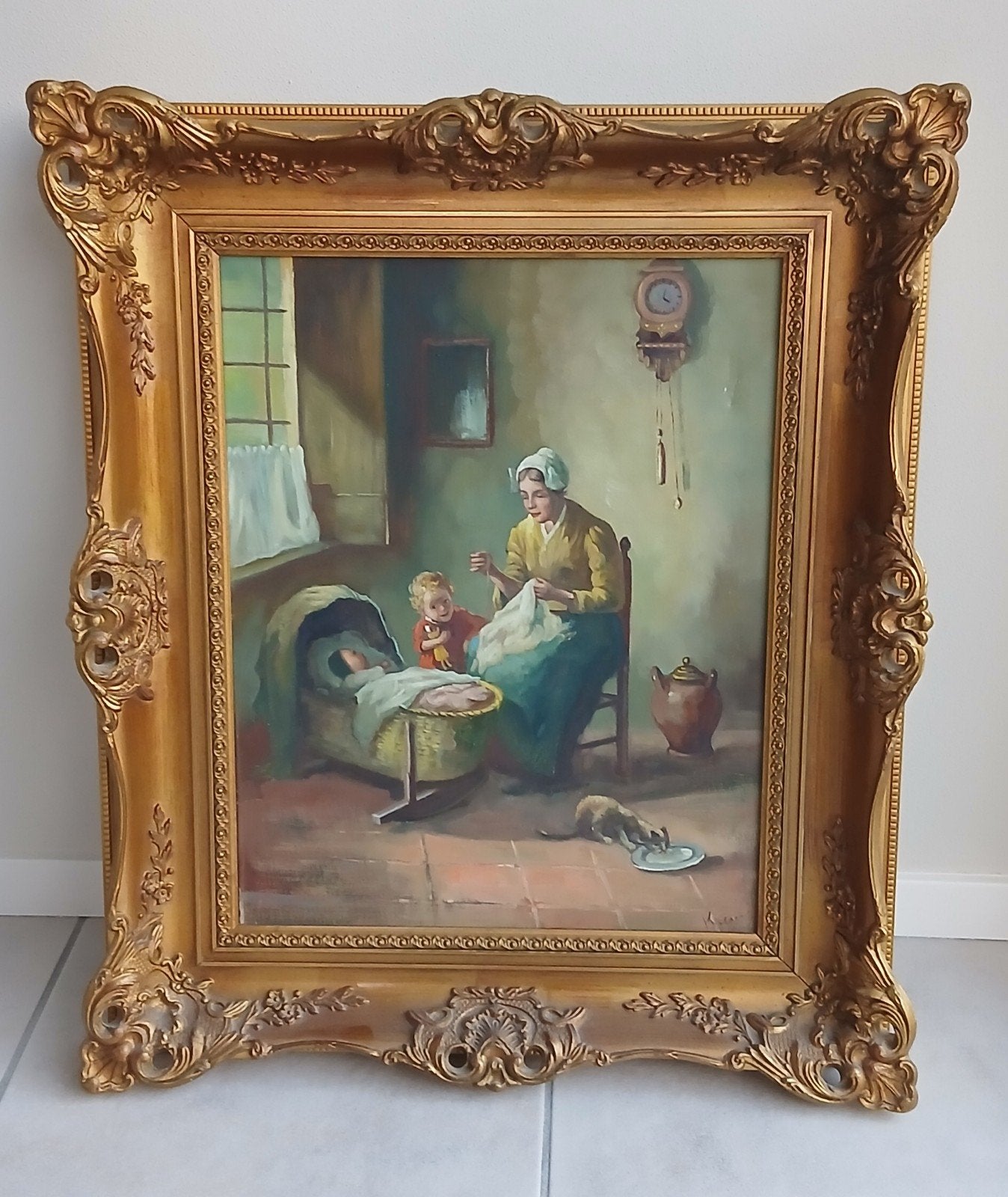 oud schilderij moeder en kind bij wieg, Ophalen of Verzenden