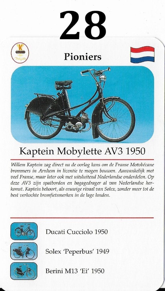 Verzamelkaartje nr 28 bromfiets kaptein mobylette av3 (1950), Ophalen of Verzenden, Zo goed als nieuw, Auto's