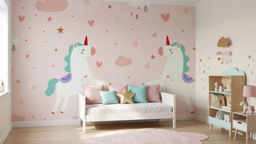 Eenhoorn behang kinderkamer – roze wolken op maat, Overige merken, 75 m² of meer, Modern, Ophalen of Verzenden