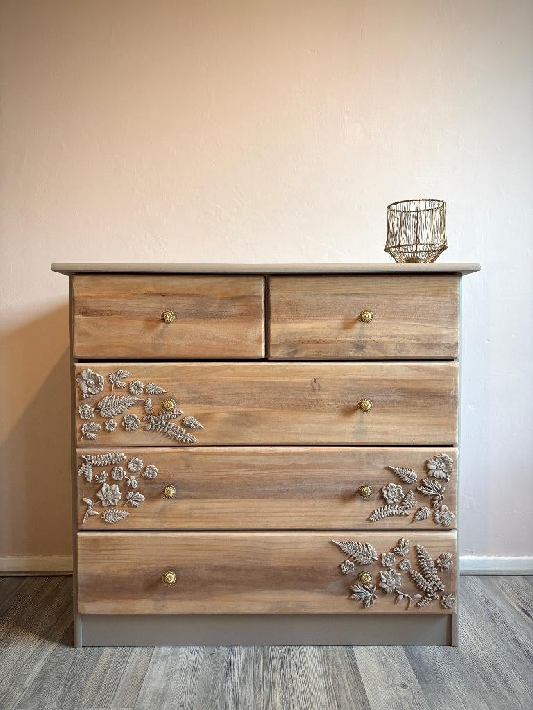 Ladekastje | Gerestyled, beige/ houtkleur en bloemen, Huis en Inrichting, Ophalen, 5 laden of meer, Nieuw, 50 tot 100 cm