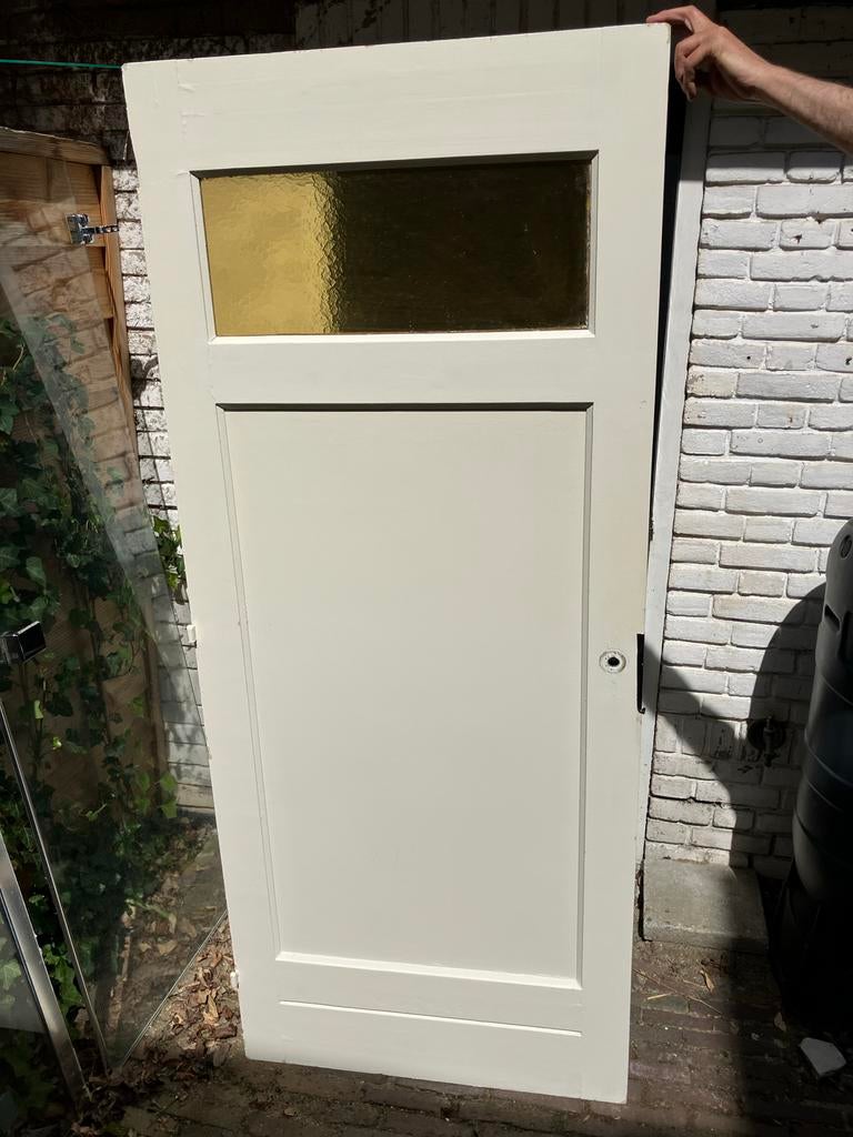 Houten binnendeur met geelkleurig glas - Gebruikt, Ophalen, Gebruikt, 80 tot 100 cm, Binnendeur