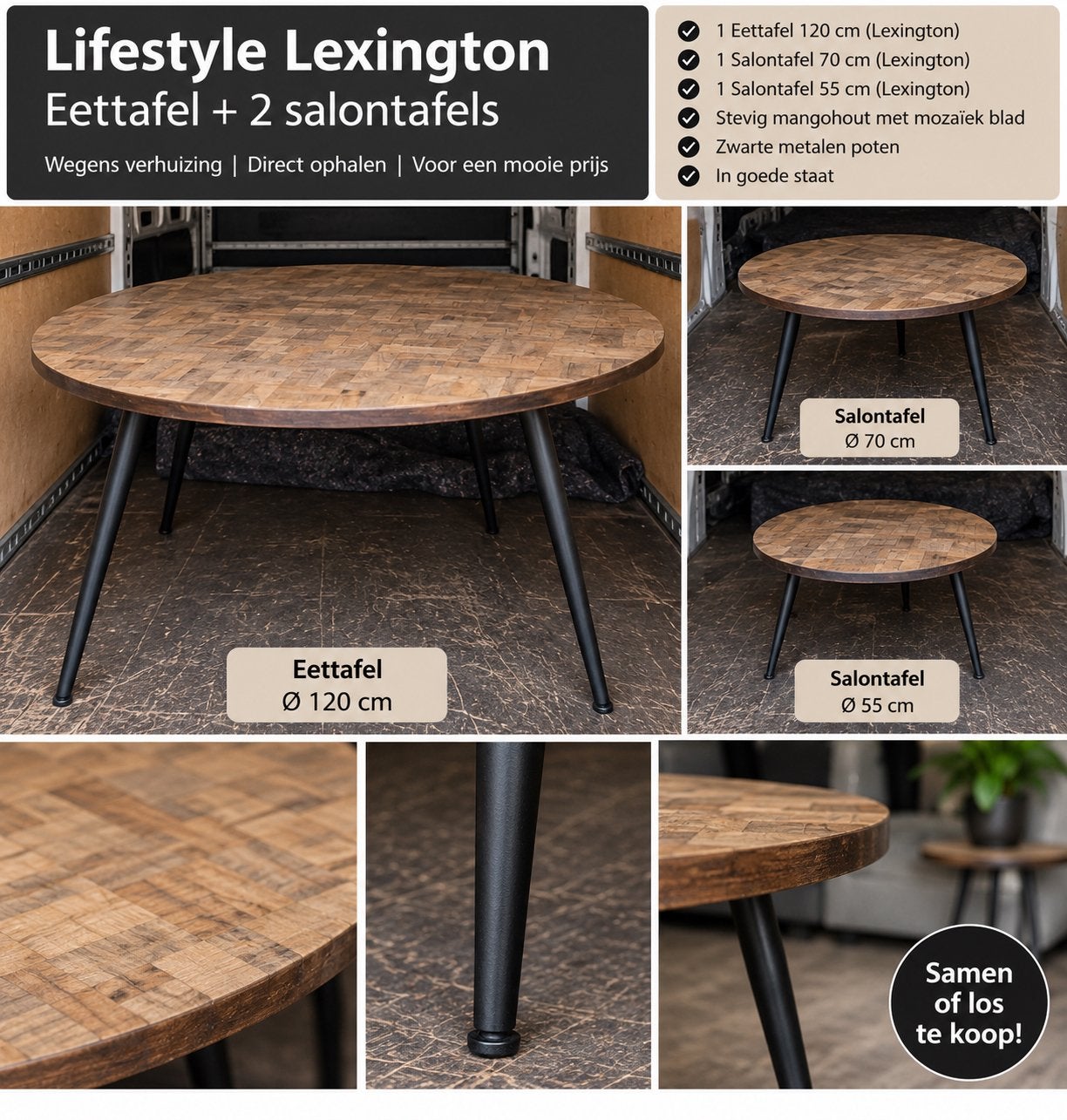 Lifestyle Lexington Eettafel + 2 Salontafels Mangohout, Huis en Inrichting, Gebruikt, 100 tot 150 cm, Rond, Ophalen of Verzenden