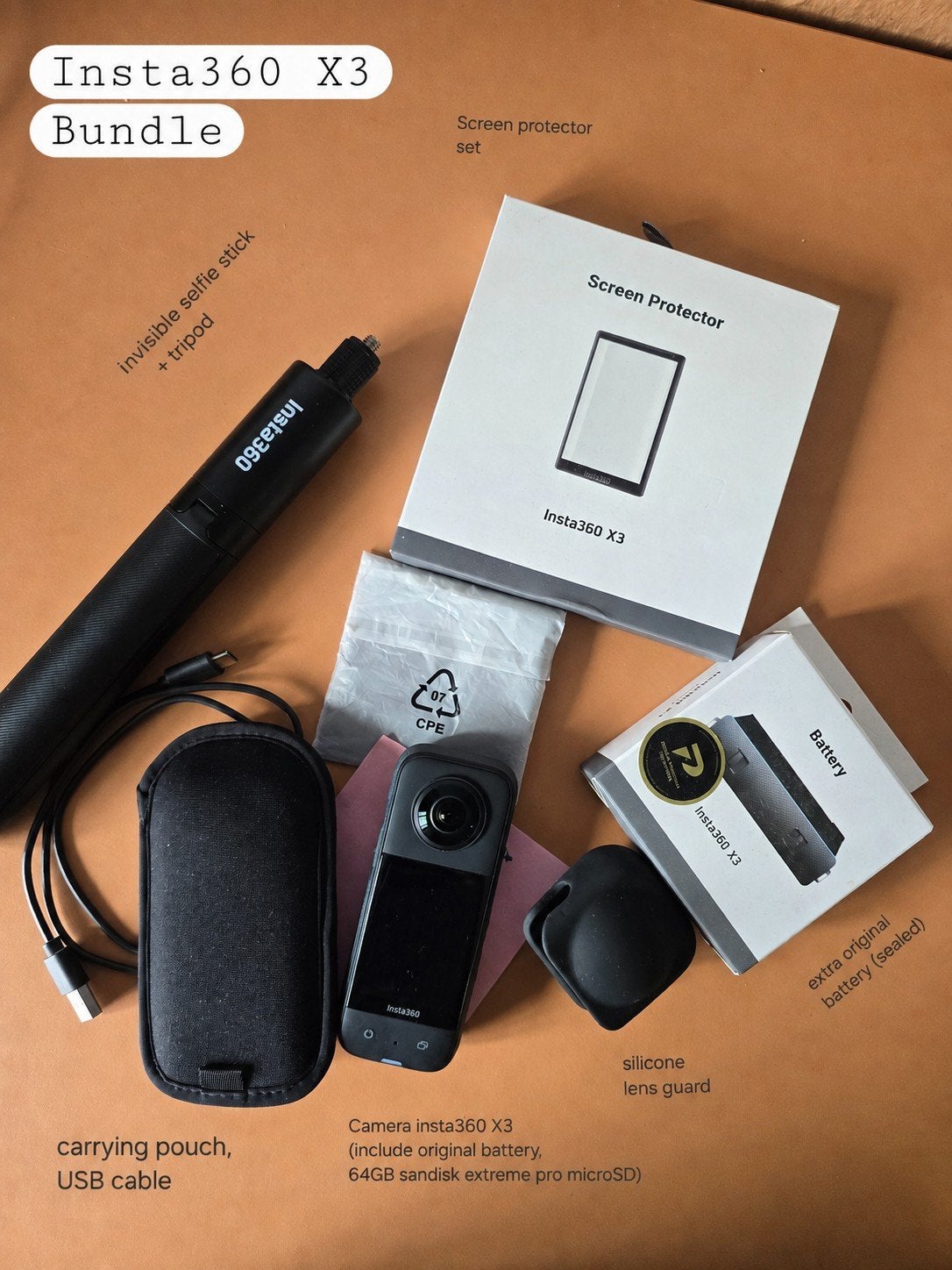 Insta360 X3 Action Cam + 64GB SD + Extra Battery + Invisible, Ophalen of Verzenden, Zo goed als nieuw, Overige merken