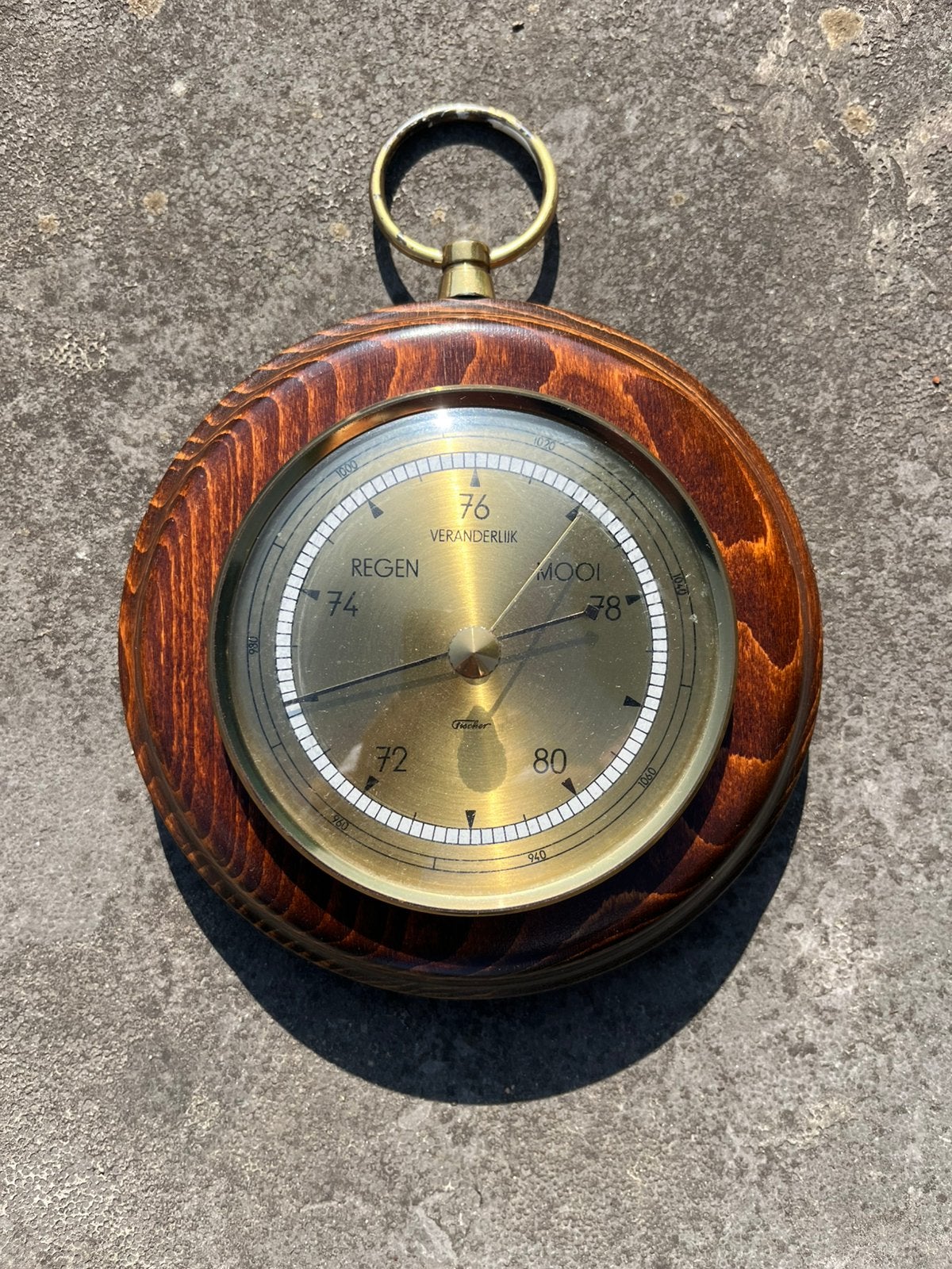 Vintage Fischer messing barometer in houten lijst, Ophalen of Verzenden