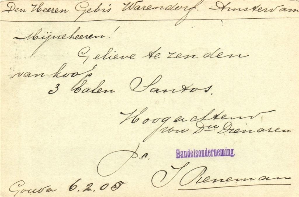 Handelsonderneming J. Reneman, Gouda - 02.1905 - briefkaart, Ophalen of Verzenden, Briefkaart
