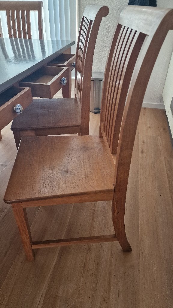 Solid wood table with 6 chairs, Ophalen, Gebruikt, Eikenhout, 200 cm of meer