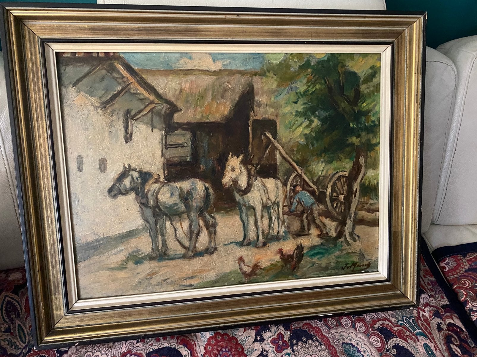 Boerenerf met paarden en boer, J. V. Mourik, Ophalen of Verzenden