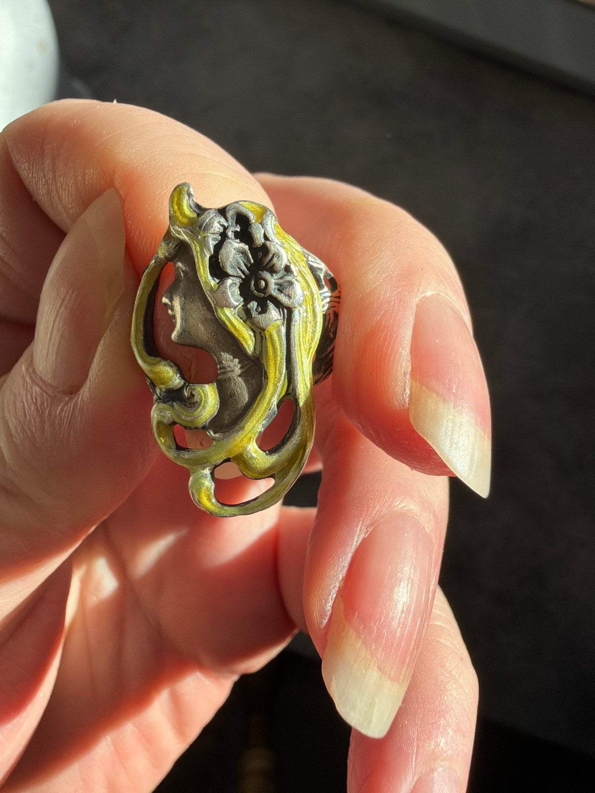 Zilveren geëmailleerde Art nouveau ring, Verzenden, Zilver, Ring
