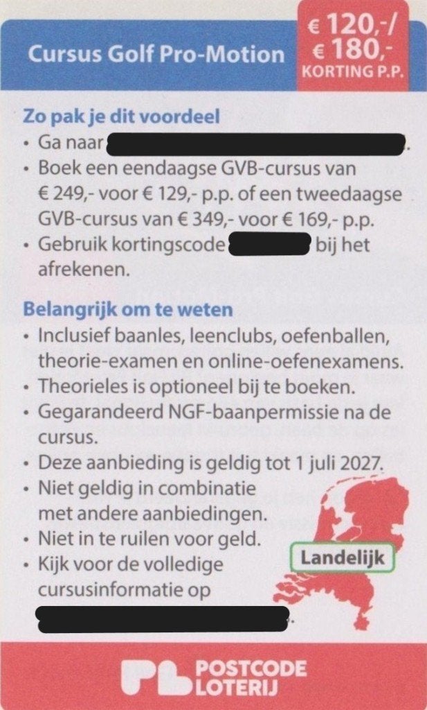 Cursus Golf Pro-Motion. € 129,- p.p. Postcodeloterij bon., Drie personen of meer, Kortingsbon
