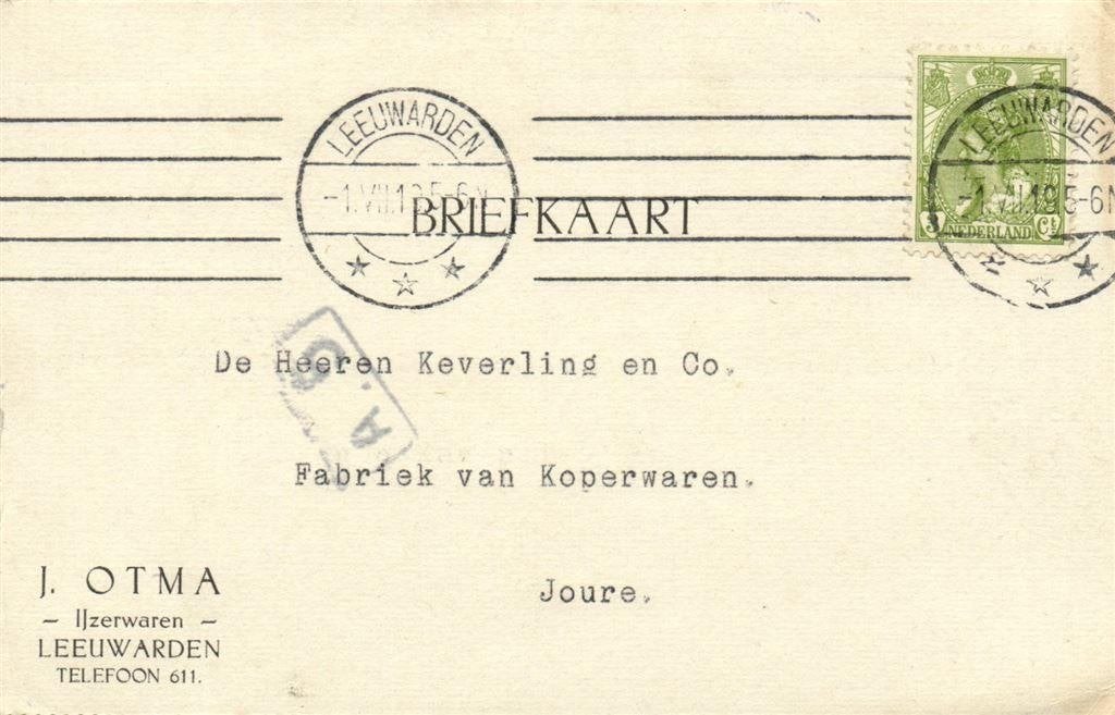 J. Otma, IJzerwaren, Leeuwarden - 07.1919 - briefkaart, Postzegels en Munten, Brieven en Enveloppen | Nederland, Ophalen of Verzenden