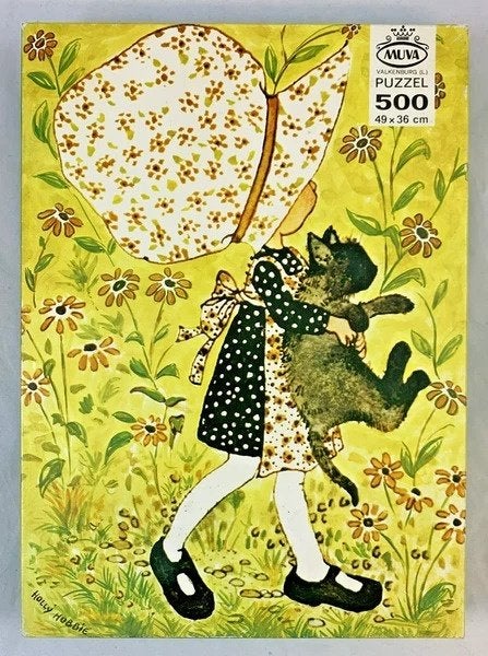 Vintage Muva Holly Hobbie puzzel 500 stukjes meisje kat 70s, Verzenden, 500 t/m 1500 stukjes, Zo goed als nieuw, Legpuzzel