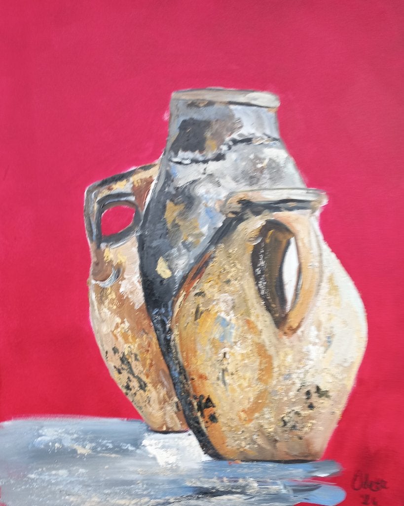 Schilderij oude kruiken, Ophalen of Verzenden, Nieuw, Minder dan 50 cm, Schilderij