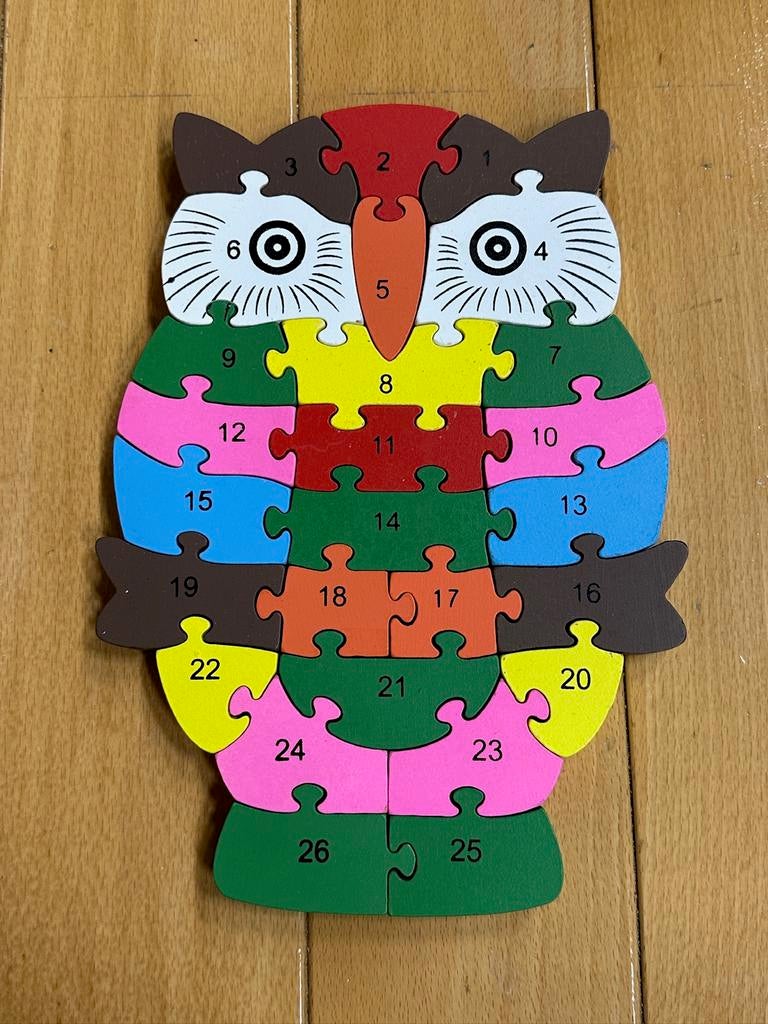 ZGAN Uil Hout Puzzle met alfabet en nummer om te leren, 10 tot 50 stukjes, Ophalen of Verzenden, Zo goed als nieuw, Van hout