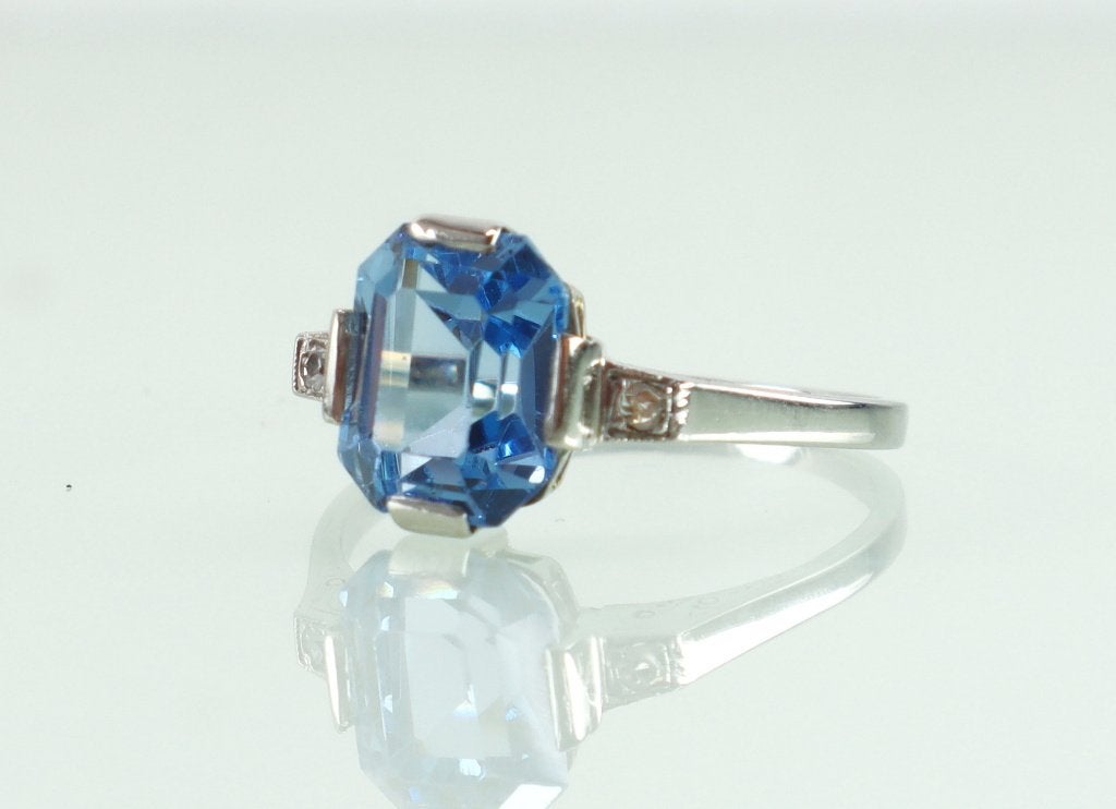 Vintage witgouden ring blauwe spinel diamant, Ophalen of Verzenden, Goud, Ring, Met edelsteen