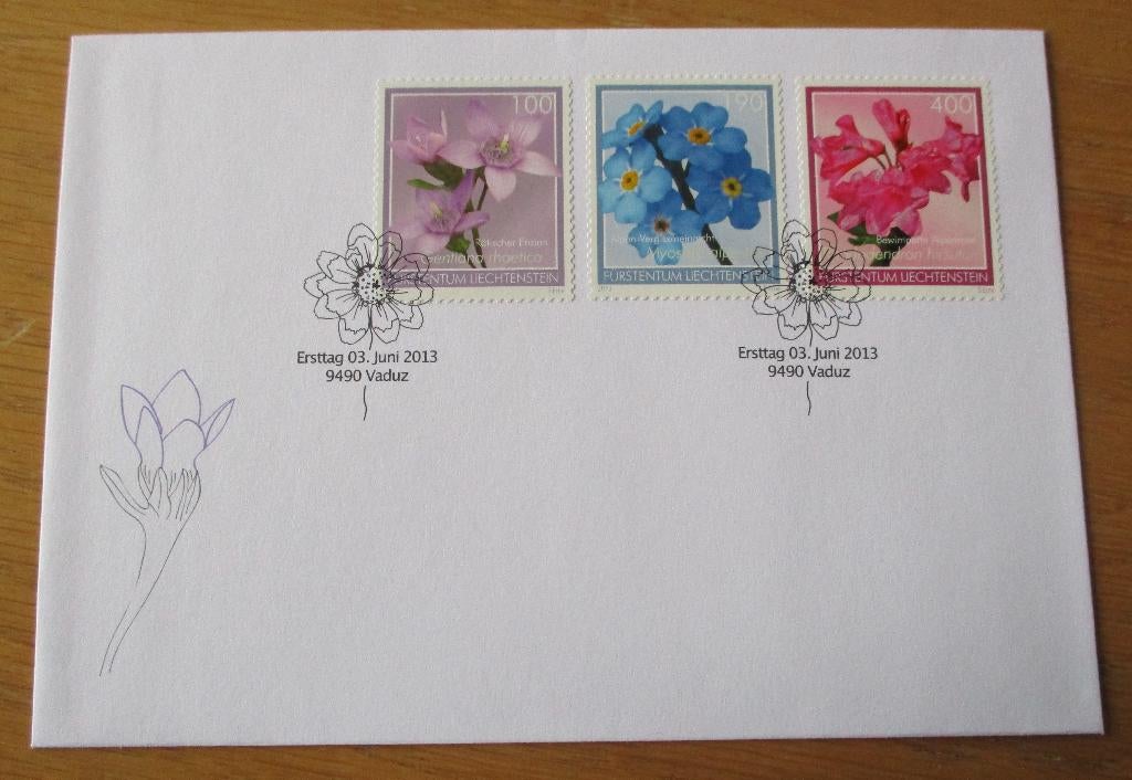 Liechtenstein, serie Alpenbloemen, 2013, op FDC, Verzenden, Overige landen, Gestempeld