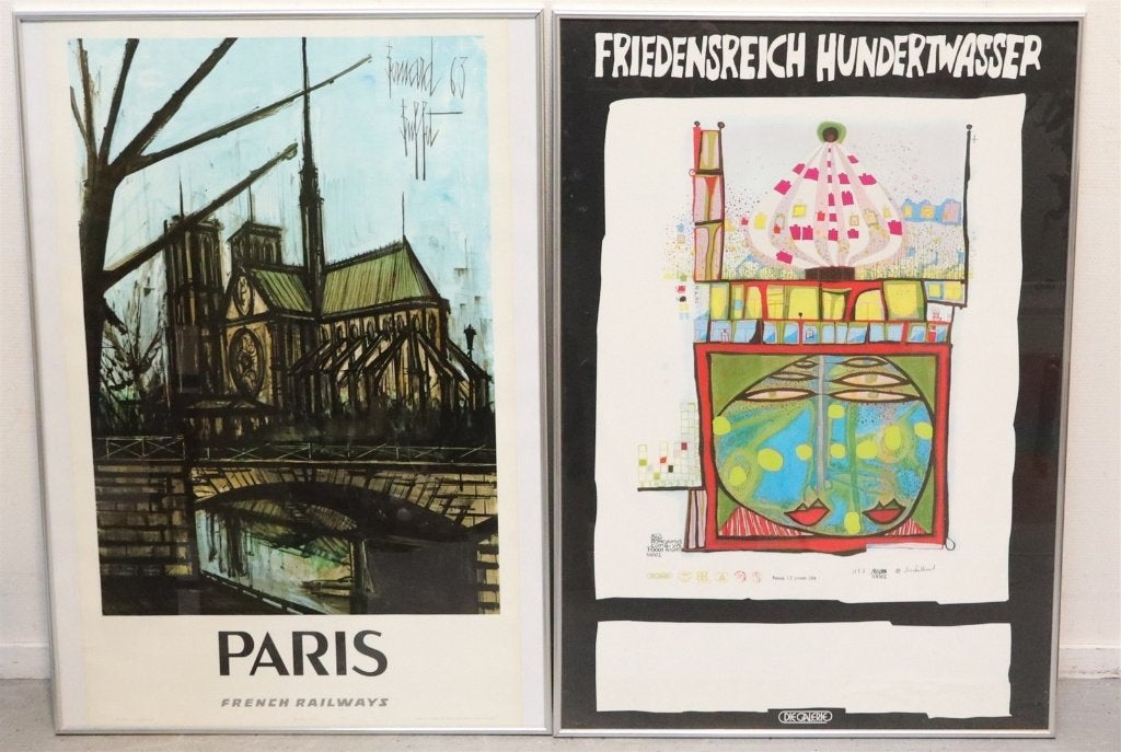 2 Vintage ingelijst Poster Hundertwasser Bernard Buffet 1963, Met lijst, Deurposter of groter, Ophalen of Verzenden, Zo goed als nieuw