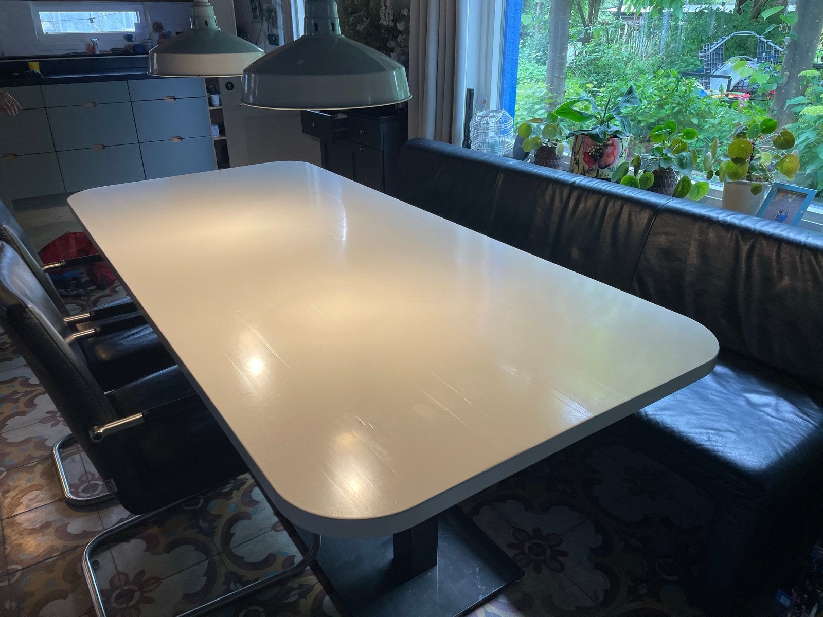Witte houten eettafel met twee poten in midden, Ophalen, Gebruikt, 100 tot 150 cm, 200 cm of meer