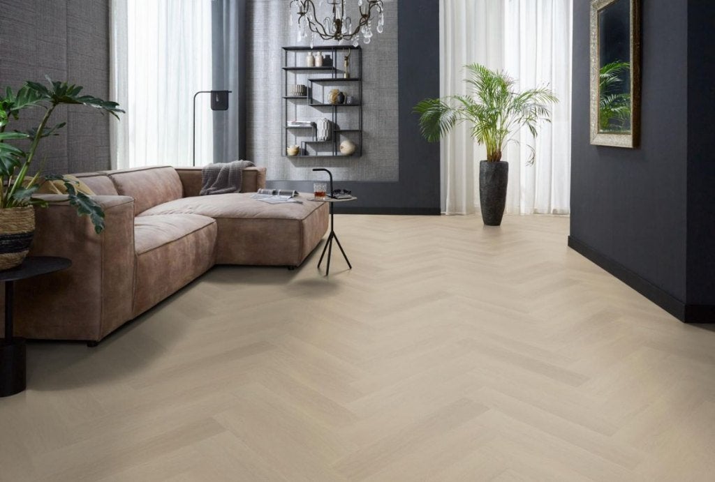 85m2 Visgraat Plak Pvc Fulham Beige 1613 2,5mm dik = €1895
