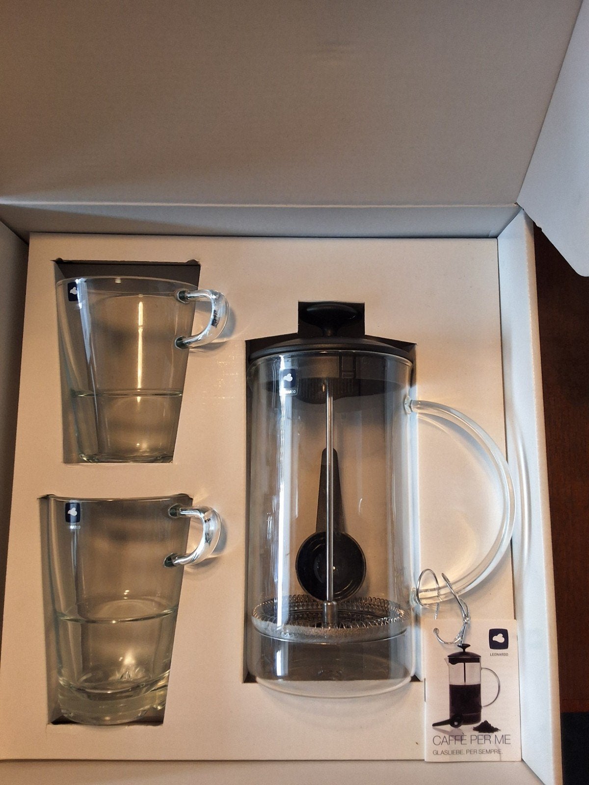 Leonardo Caffe Per Me - Koffiepers met 2 glazen, Nieuw, Ophalen of Verzenden, Overige merken, Glas