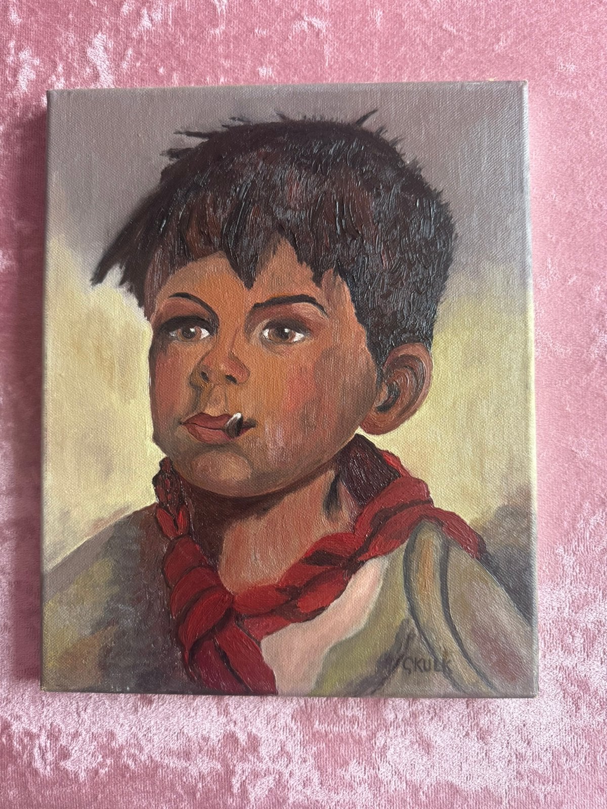Portret van een jong kind dat een sigaret rookt., Antiek en Kunst, Kunst | Schilderijen | Klassiek, Ophalen of Verzenden