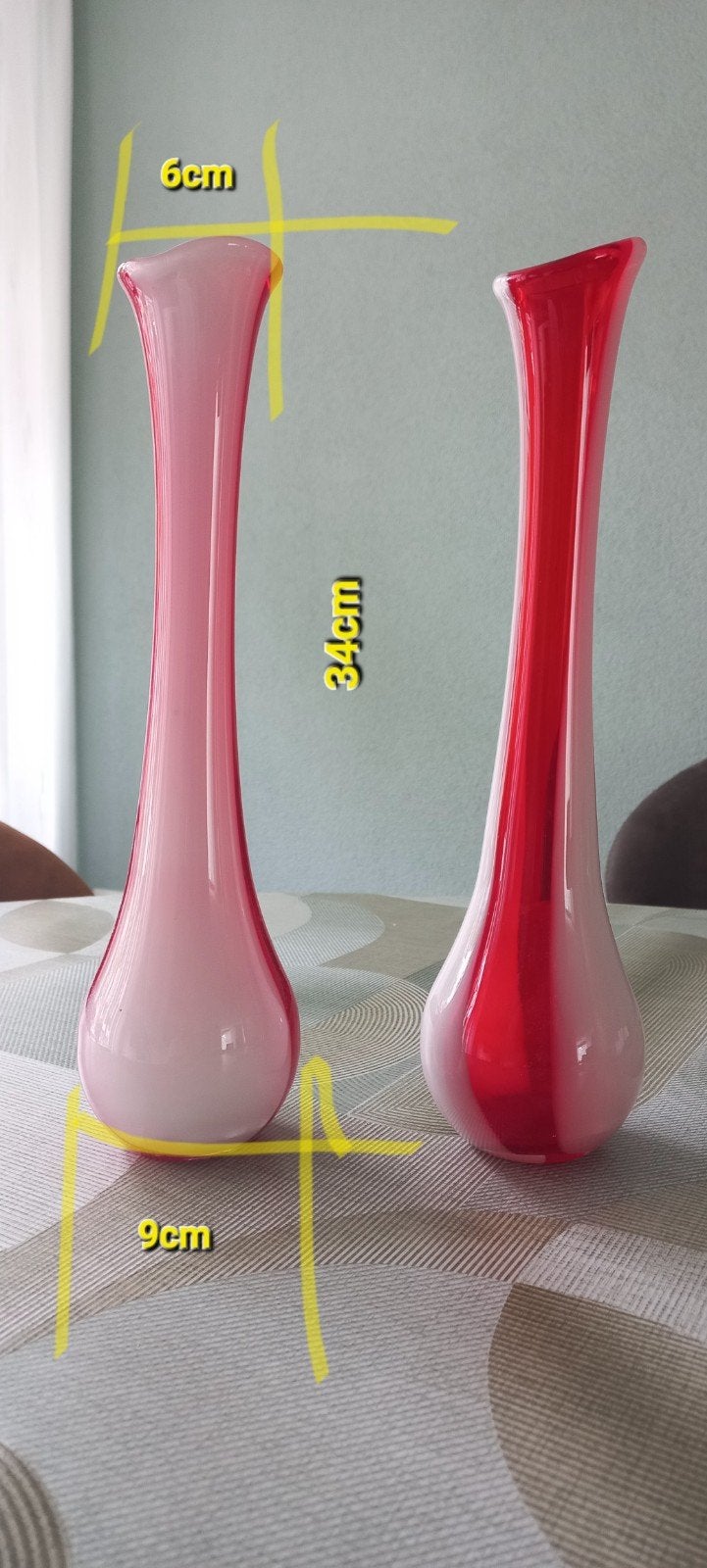 Set van 2 vintage glazen vazen, wit en rood, Ophalen of Verzenden