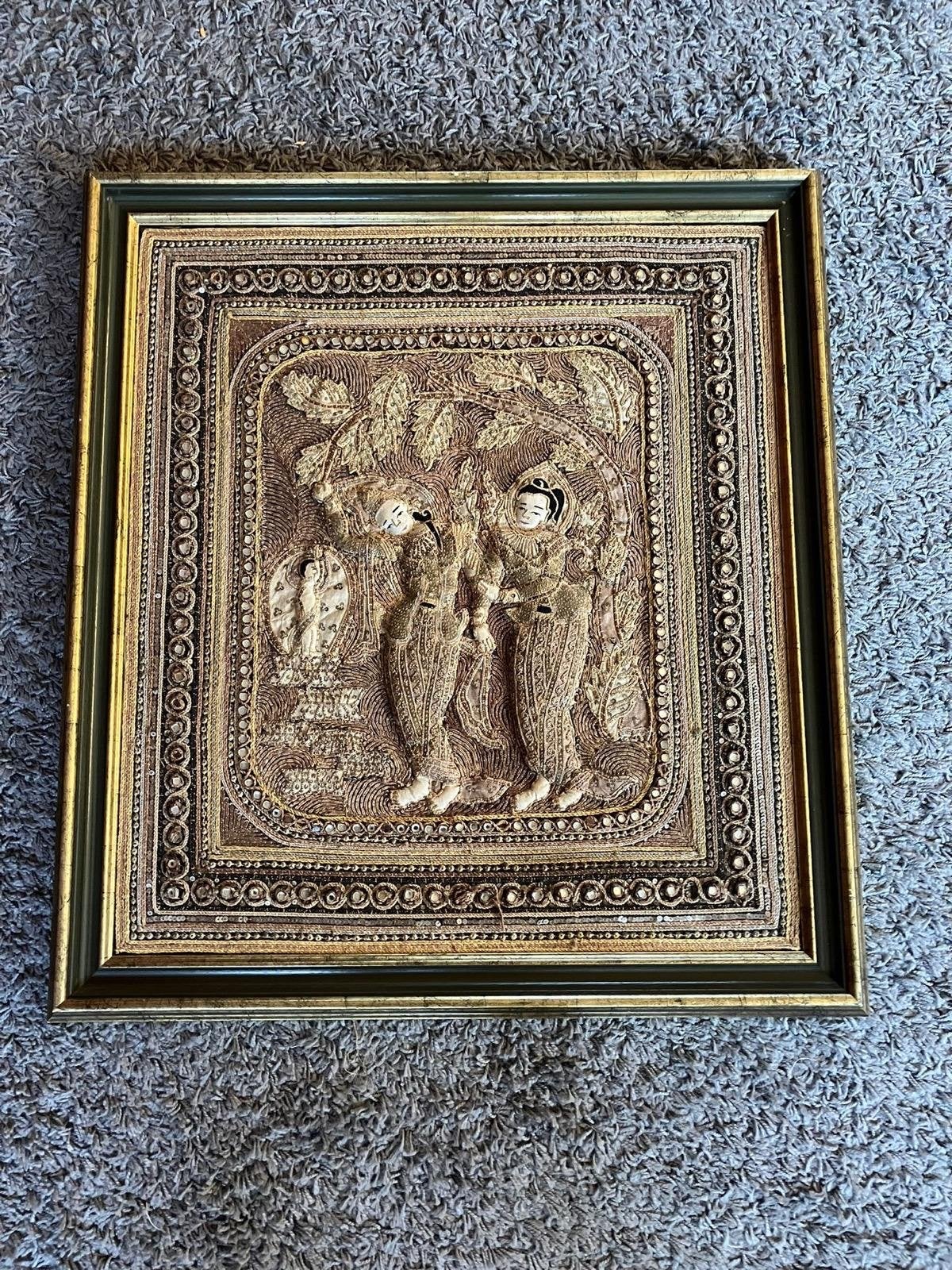 Prachtig ingelijst textielkunstwerk uit Myanmar, Ophalen, Wanddecoratie, Textiel, Handgemaakt