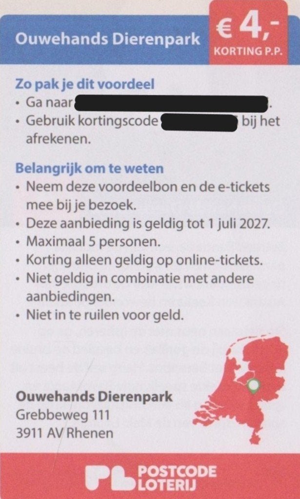 Ouwehands Dierenpark Rhenen. € 4,- korting p.p. Postcode bon, Drie personen of meer, Kortingskaart