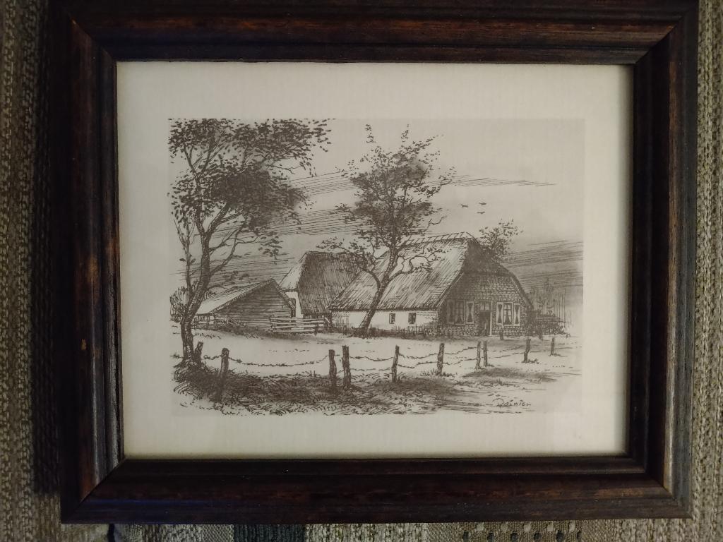 Tekening/ets/graure ?? in lijst van een oude boerderij, Antiek en Kunst, Ophalen of Verzenden
