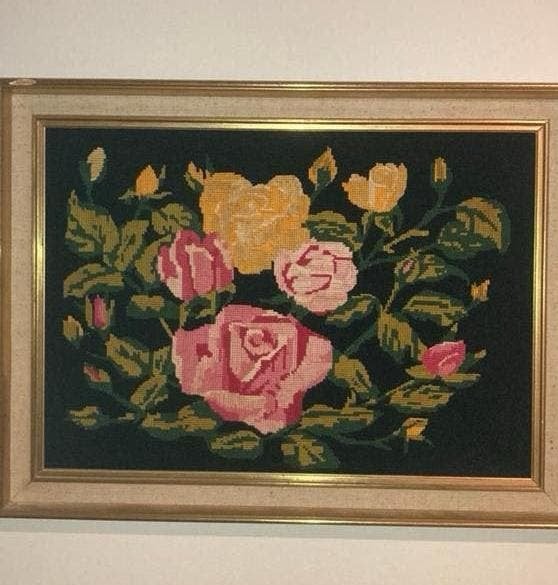 Vintage borduurwerk rozen wanddecoratie, Ophalen of Verzenden, Minder dan 50 cm, Schilderij