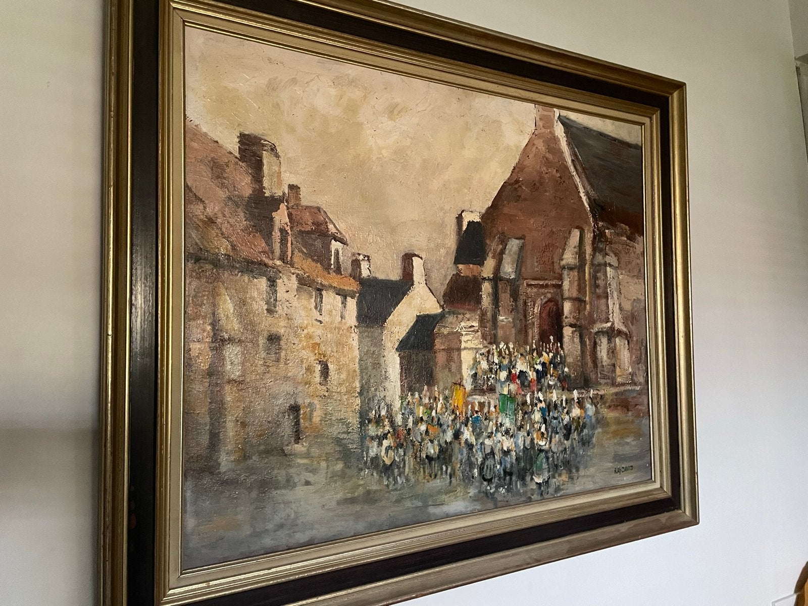 Olieverfschilderij: dorpsgezicht met menigte, gesigneerd, Ophalen, Gesigneerd, Olieverf, Stads- / dorpsgezicht