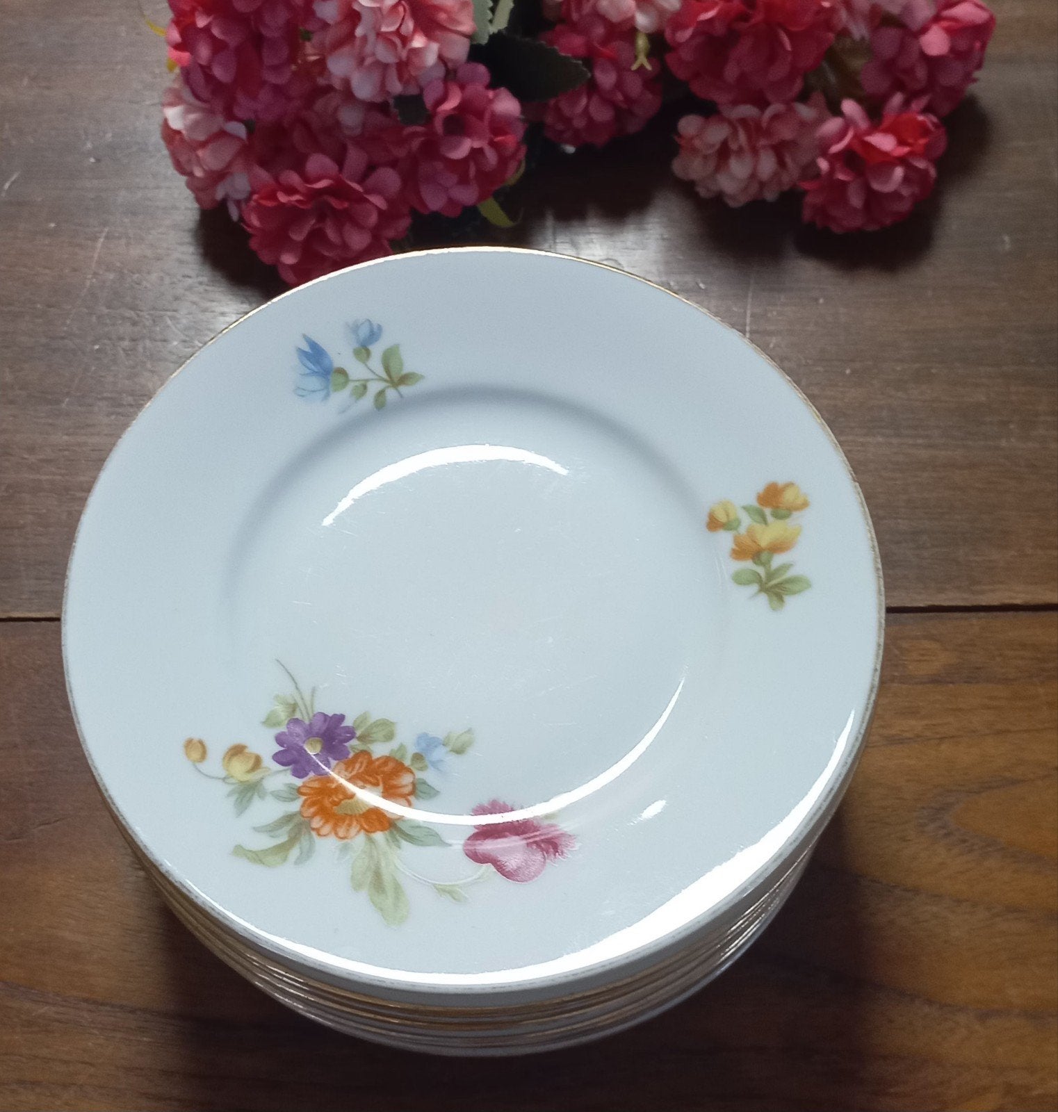 Set van 9 gebaksbordjes, pastelbloemen, 2 soorten bloemen, Ophalen of Verzenden