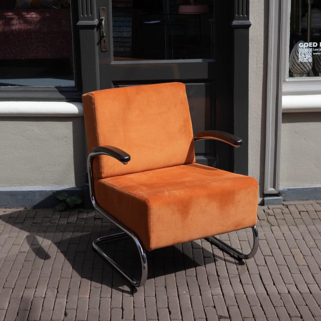 De inrichterij fauteuil oranje-chroom frame, Ophalen of Verzenden, Nieuw, 50 tot 75 cm