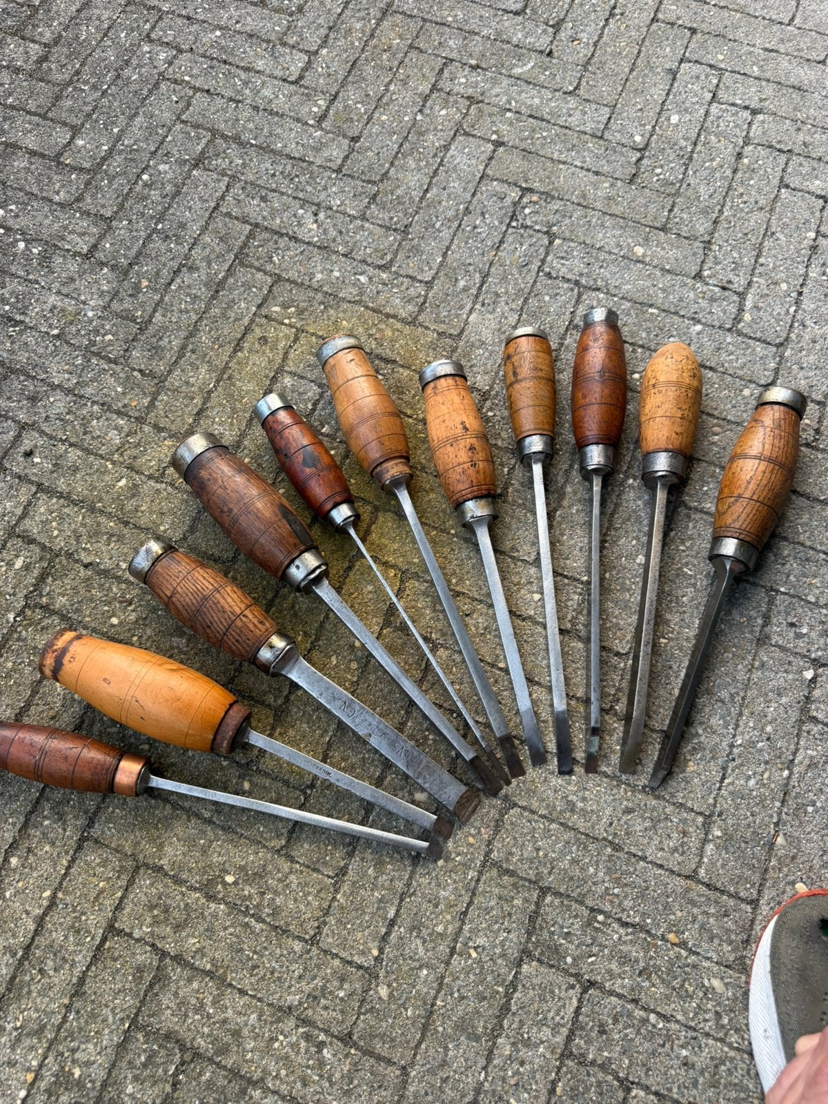 Antieke schietbeitels met houten hamer, Ophalen of Verzenden