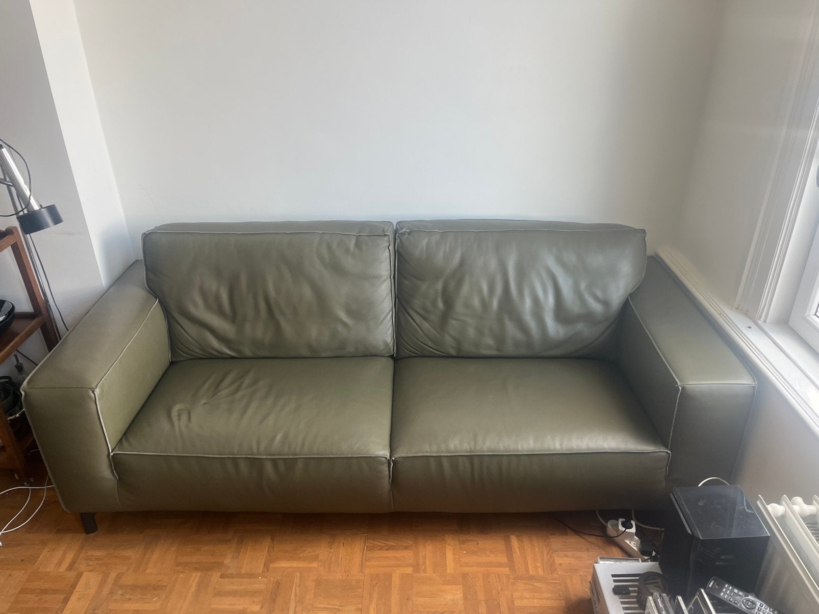 Groene leren bank, Huis en Inrichting, Ophalen, Gebruikt, 200 tot 250 cm, Leer