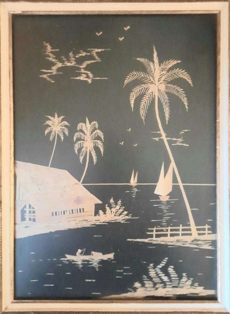 Echte rijst stro schilderij met palmbomen, Antiek en Kunst, Kunst | Niet-Westerse kunst, Ophalen of Verzenden