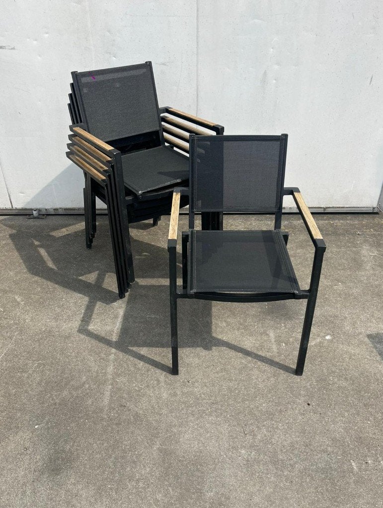 7 stuks nette horeca terrasstoelen zwart stapelbaar outdoor, Ophalen, Hout, Zwart, Zo goed als nieuw
