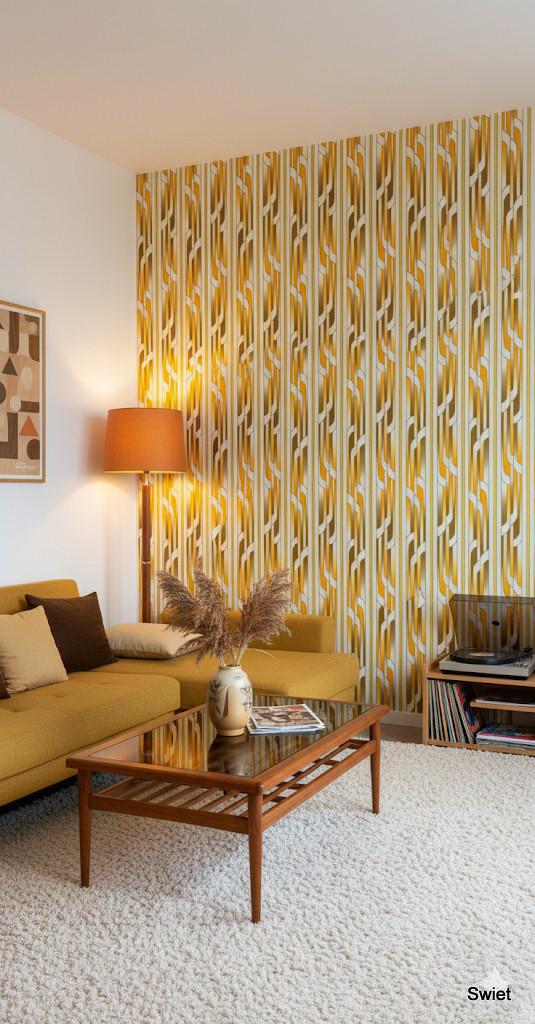 14134 seventies space age vintage wallpaper geel bruin swiet, Verzenden, Minder dan 10 m², Bruin