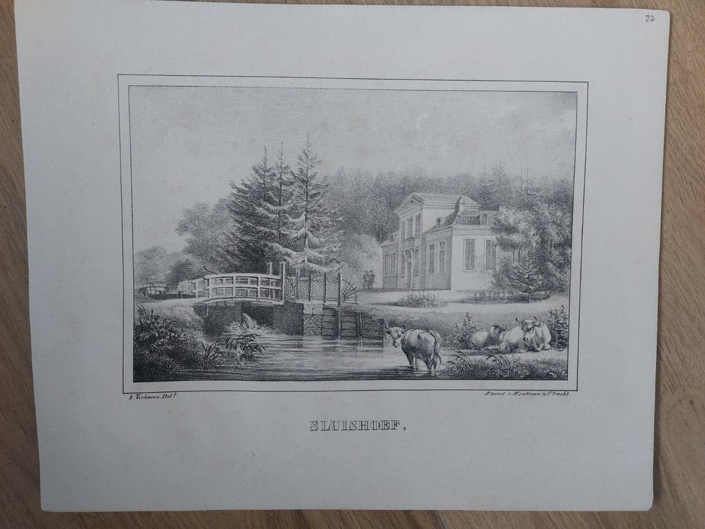 27 Sluishoef in De Bilt - Originele steendruk uit 1829, Gesigneerd in de plaat, Ophalen of Verzenden, Landschappen, Lithografie