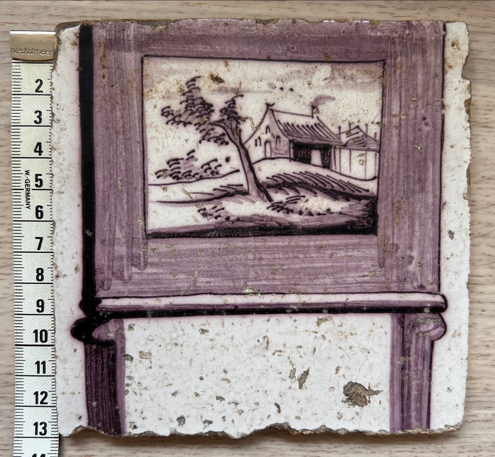 Antieke mangaan tegel met landschap, 13x13 cm, Antiek en Kunst, Antiek | Wandborden en Tegels, Ophalen of Verzenden