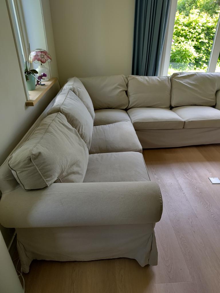 Ektorp hoekbank beige, Huis en Inrichting, Banken | Bankstellen, Ophalen, Gebruikt, Vierpersoons of meer, Hoekbank