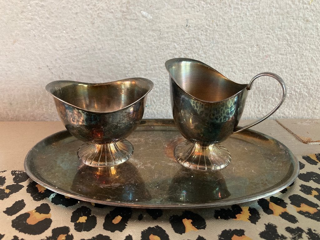 Roomstel Douwe Egberts DE verzilverd suikerpotje melkkan set, Antiek en Kunst, Ophalen of Verzenden, Zilver