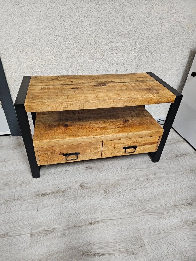 Industriële tv meubel mangohout voor €85,-, Ophalen, Gebruikt, 50 tot 100 cm, Nvt