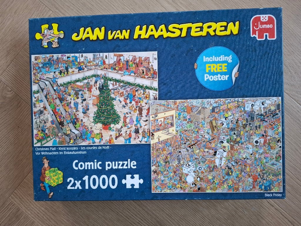 Jan van Haasterenpuzzel Kerstkoopjes/ Black Friday- 2 stuks, Ophalen of Verzenden, 500 t/m 1500 stukjes, Gebruikt, Legpuzzel