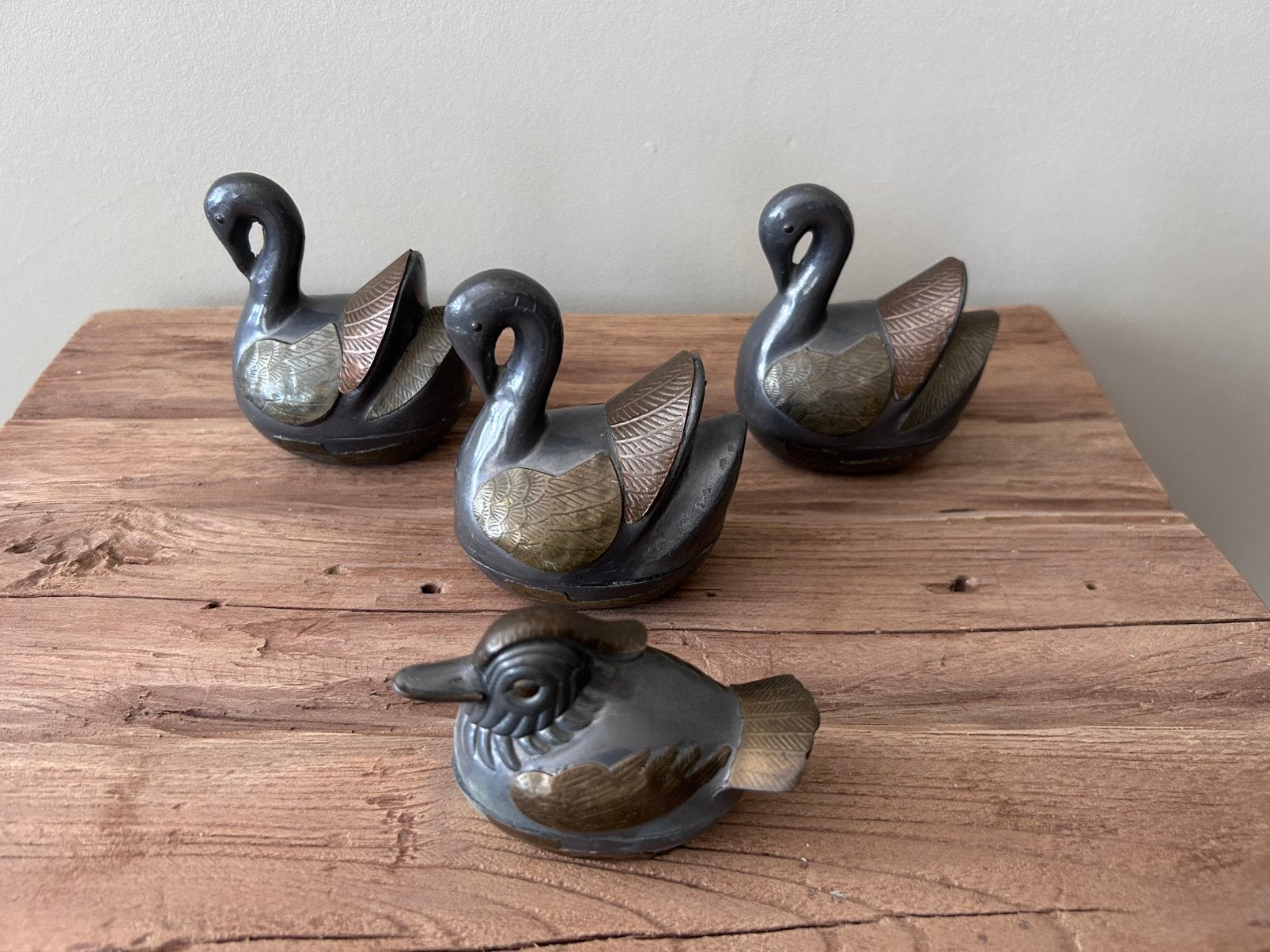 Set van 3 Vintage zwanen + eend, metaal met messing accenten, Ophalen of Verzenden