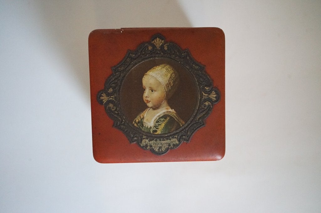 Blik oudhollandse schilders Kubusblik oude meesters rood, Verzamelen, Blikken, Ophalen of Verzenden, Gebruikt, Thee, Overige merken