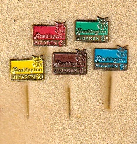 5 verschillende holmetaal spelden van Washington sigaren, Ophalen of Verzenden, Overige onderwerpen, Speldje of Pin