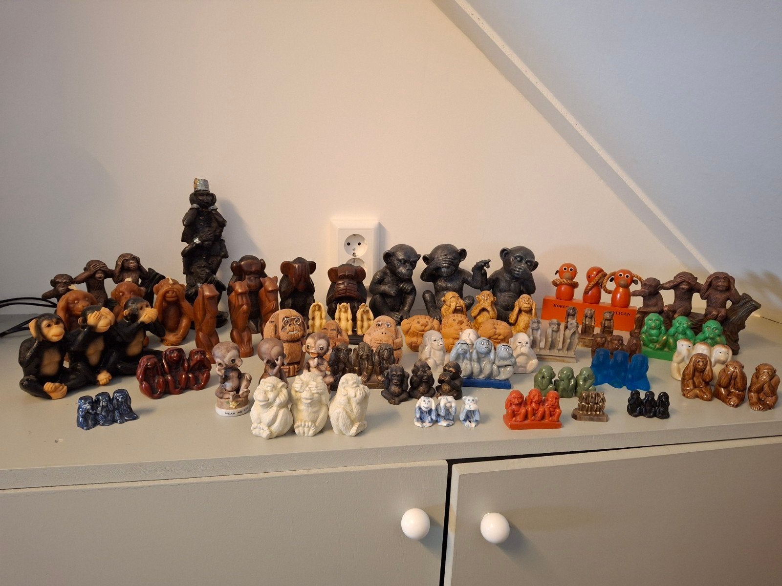 Verzameling van 'Horen, Zien, Zwijgen' beeldjes, Ophalen, Gebruikt, Steen/keramiek, Meerkleurig