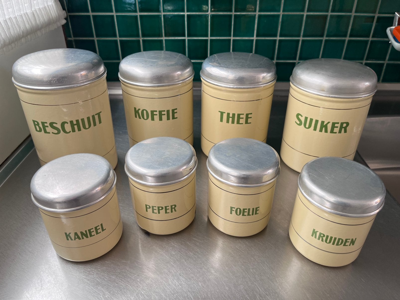 Mooie set emaille voorraadbussen jaren ‘50, Antiek en Kunst, Ophalen