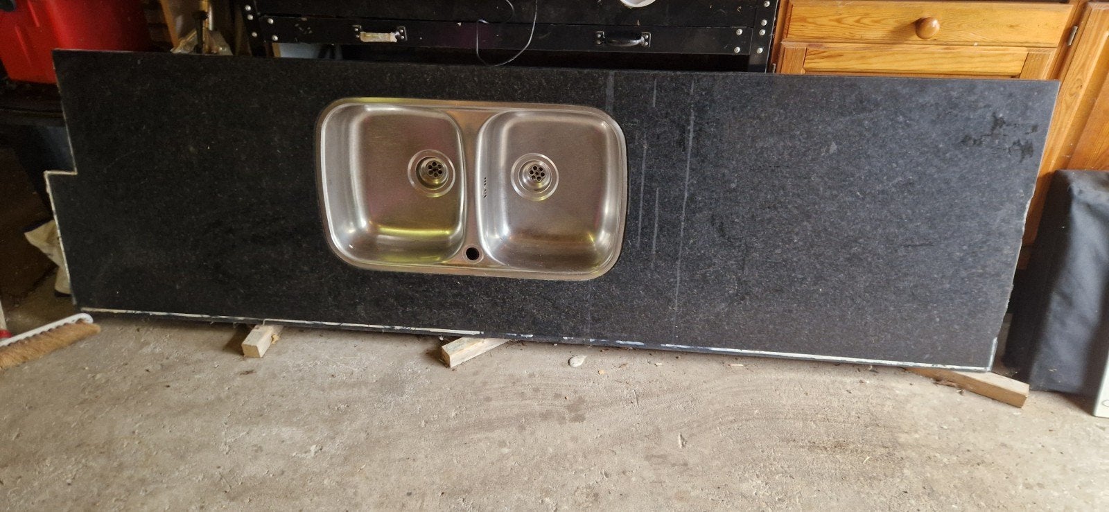 Zwart granieten aanrechtblad met dubbele spoelbak, Ophalen, Gebruikt, Zwart, Graniet of Steen